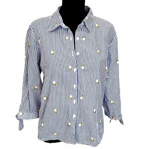 MARC NEW YORK Button Up Shirt Navy & White Stripe w/ Rose Embroidery ANDREW MARC